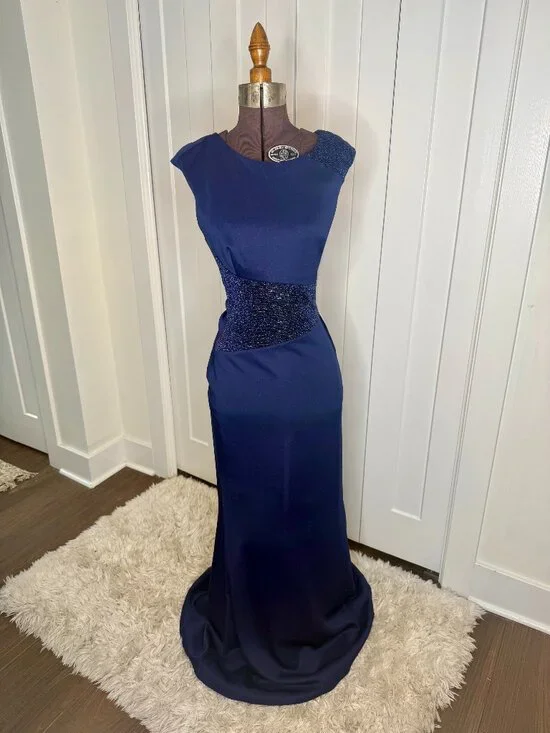 Navy Blue, Sequined Waist and Shoulder, Formal Evening Gown, Cap Sleeve, Size 6 - Picture 1 of 8